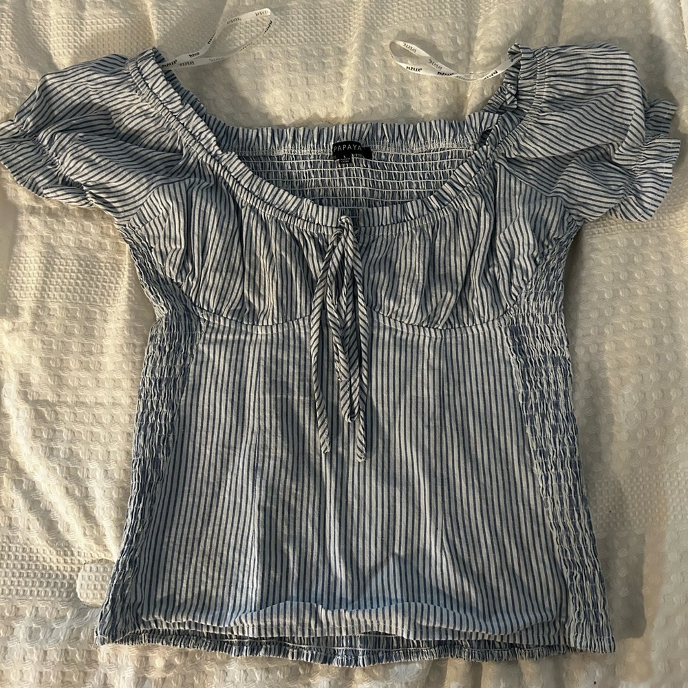 Papaya Blue and White Smocked Tie Front Blouse